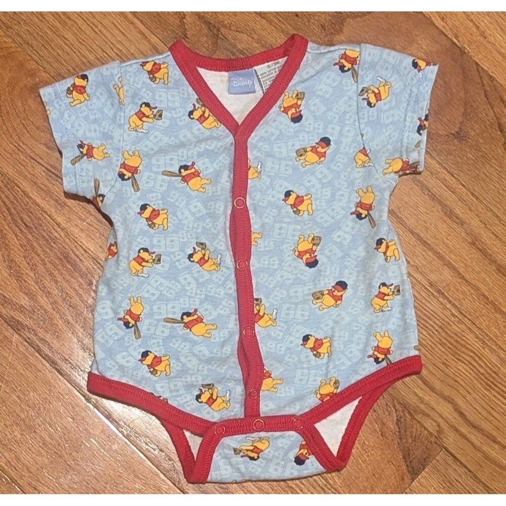 Vintage Disney Winnie The Pooh Baseball One Piece 6-9 months Grey & Red - Picture 2 of 7